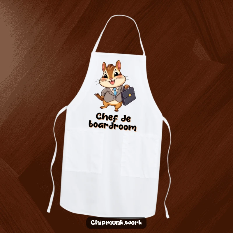 Funny Business Chipmunk Apron with a chipmunk in a suit holding a briefcase, bringing humor and protection to the kitchen, a professional funny gift.