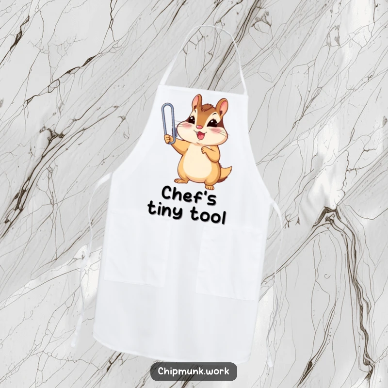 Funny chipmunk triumphantly holding a tiny, oversized paperclip, a humorous kitchen apron for a funny gift.