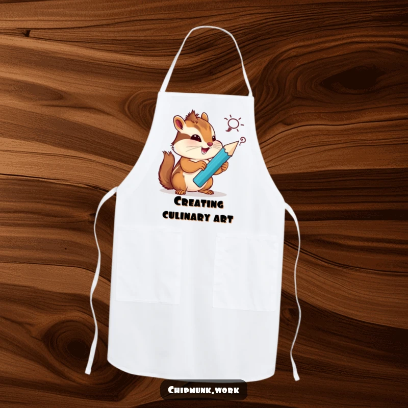 Funny chipmunk apron, a creative chef holding a giant pencil, sketching a silly recipe idea, ready to cook up a storm.