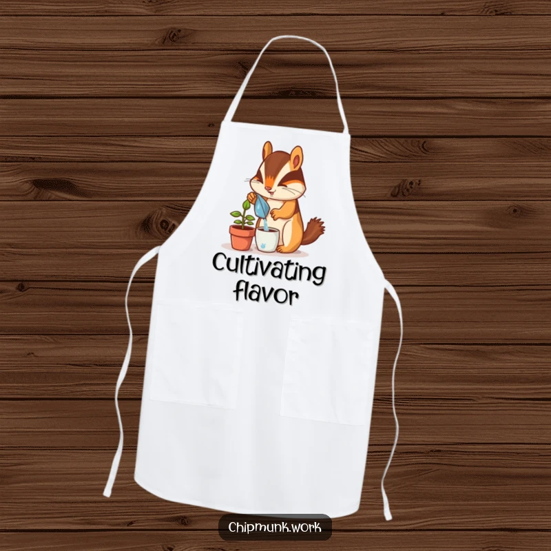 Funny chipmunk apron, enthusiastically watering a tiny potted desk plant, a humorous and practical garment for chefs and gardeners.