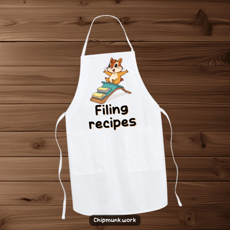 Funny chipmunk sliding down a ramp of file folders, printed on a practical apron for humorous and playful kitchen tasks.