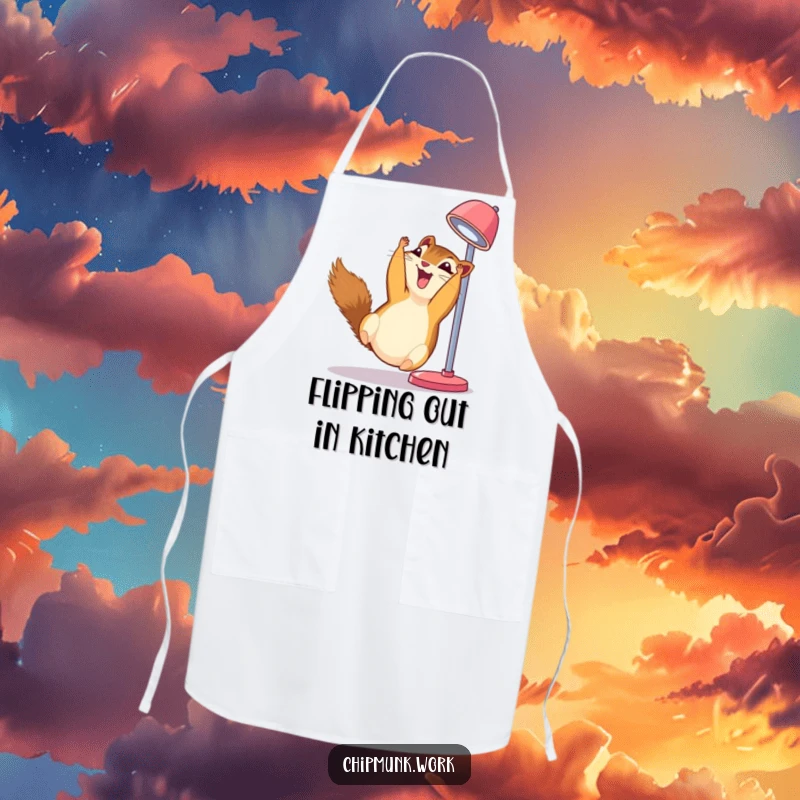 Funny chipmunk apron, hanging upside down from a desk lamp, giggling hysterically while cooking or baking.