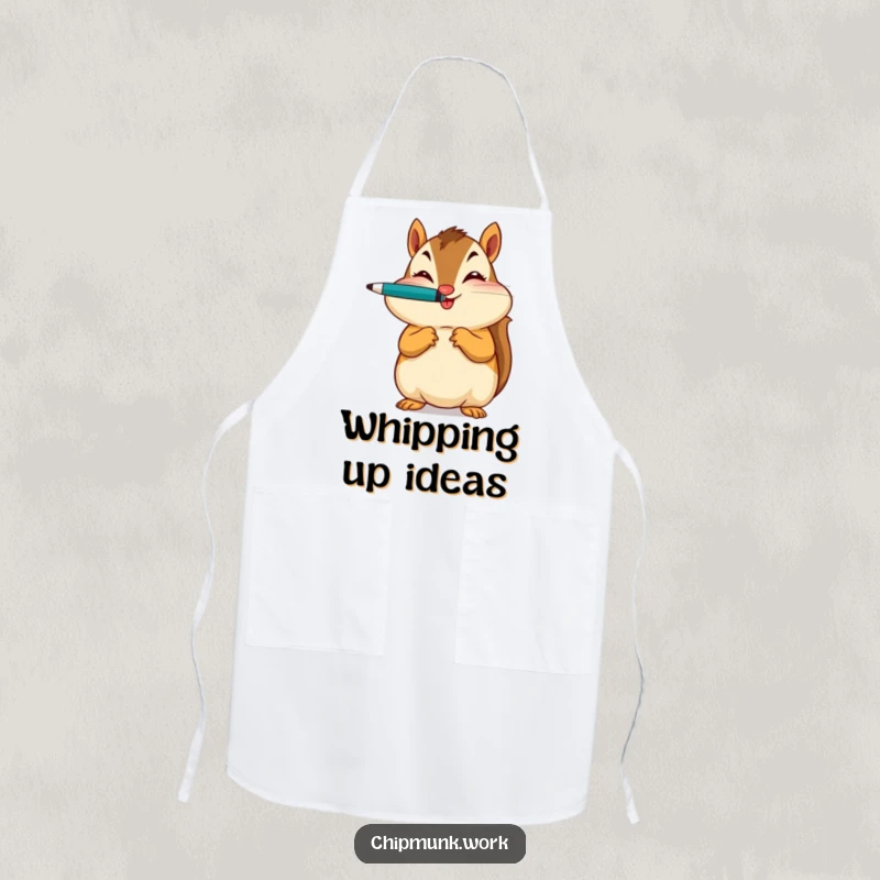 Funny apron featuring a chipmunk skillfully balancing a pen on its nose with a wink, perfect for kitchen humor.