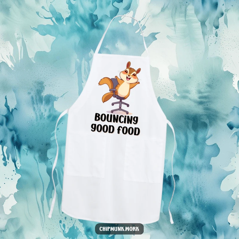 Funny chipmunk apron, a chipmunk happily bouncing on an office chair with a smile, ready to cook up a storm.
