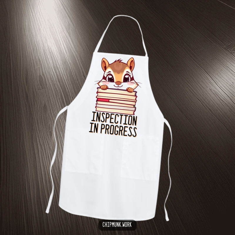 Funny chipmunk apron showing a curious chipmunk peeking over a stack of files with wide eyes, ideal for kitchens.