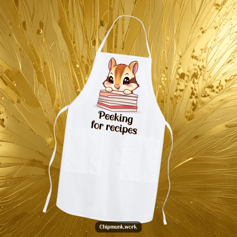 Funny chipmunk apron, a curious animal peeking over a stack of papers, great for tasks.