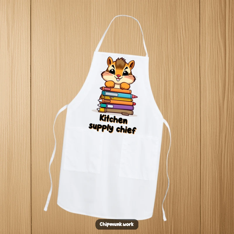 Funny chipmunk apron showing a determined creature stacking colorful, wonky office supplies, ideal for kitchen fun.