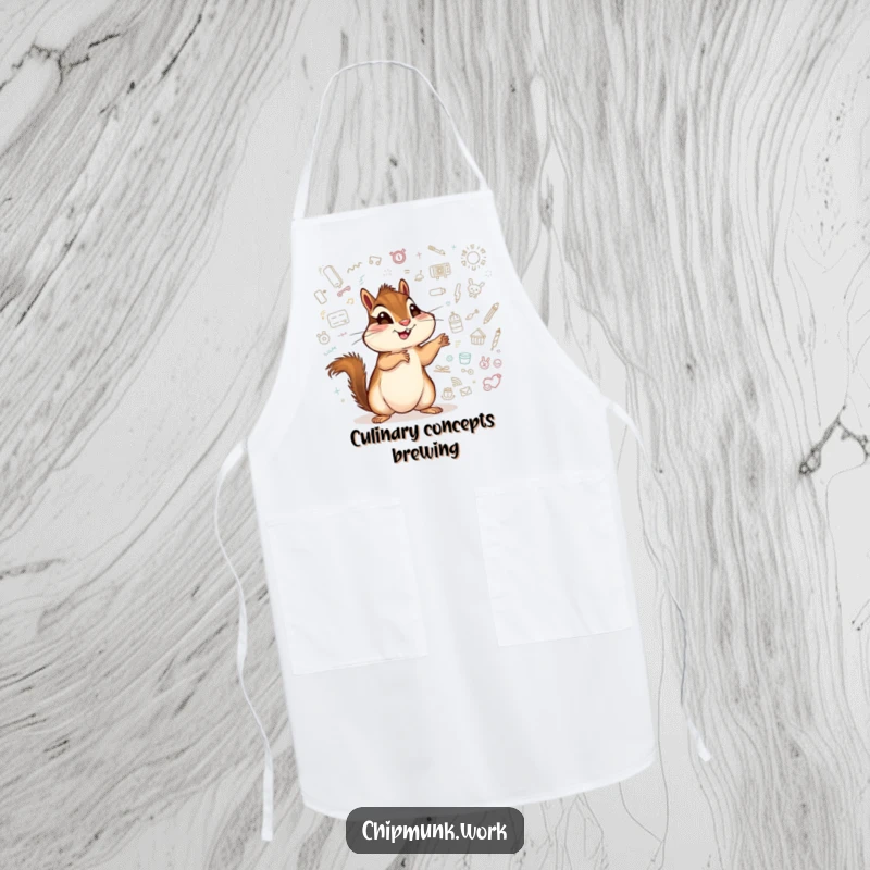 Funny chipmunk apron, an excited animal pointing at a whiteboard full of imaginative doodles.