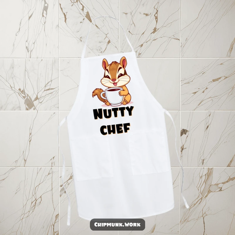 Funny chipmunk apron featuring a goofy smiling chipmunk with a tiny coffee cup, perfect for kitchen humor and cooking.