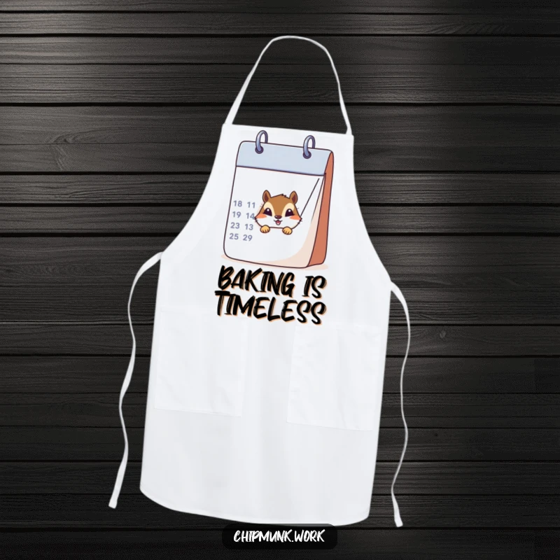 Funny chipmunk peeking from behind a large calendar on a durable apron, bringing humor to the kitchen.