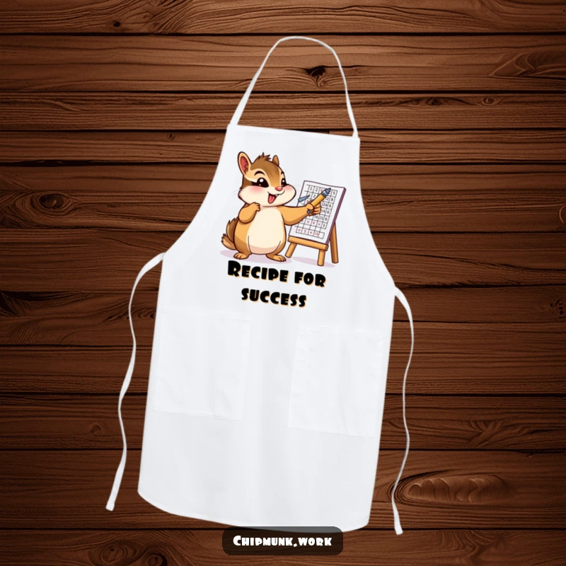 Funny apron showing an enthusiastic chipmunk character pointing a pen at a chart, perhaps a recipe breakdown. Humorous kitchen wear.