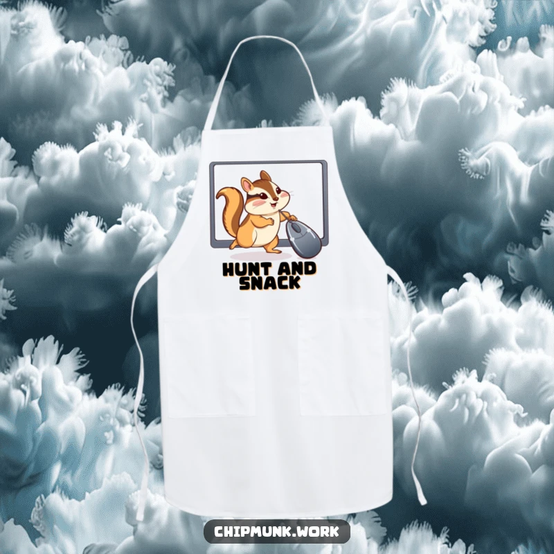 Funny Chipmunk Apron: Playful chef apron showing a chipmunk comically chasing a computer mouse cursor, ideal for a humorous kitchen experience.
