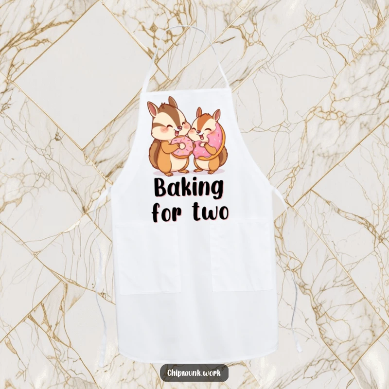 Funny chipmunk winking and sharing a donut with an invisible friend on an apron, symbolizing kitchen fun and playful baking, a humorous gift.