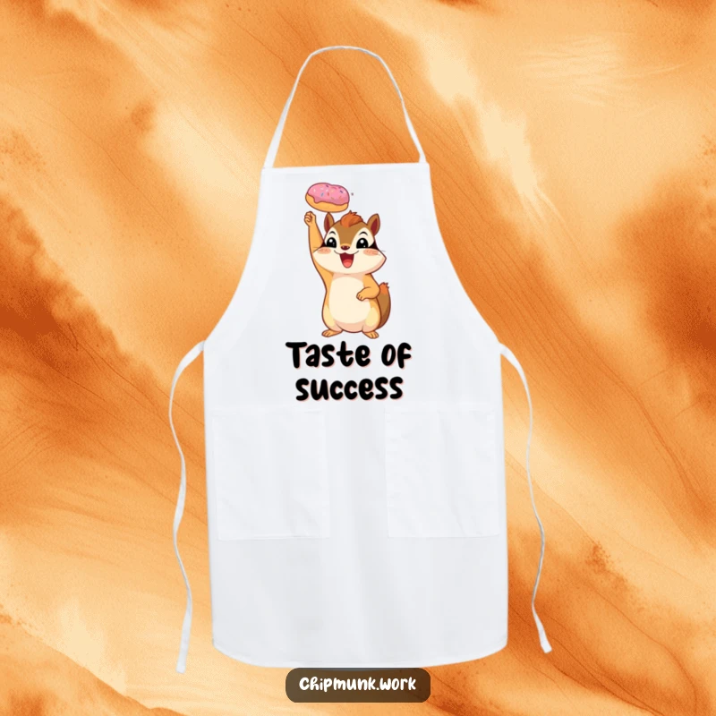Funny chipmunk apron showing a joyful squirrel holding a tiny donut triumphantly.