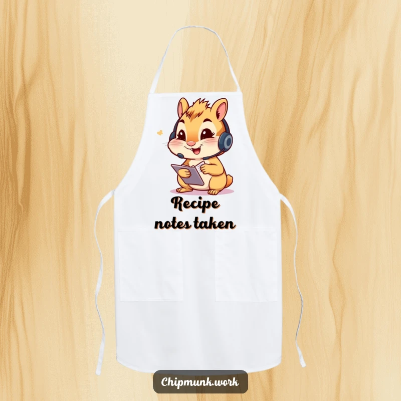 Funny chipmunk apron, character with a headset, diligently taking notes, perfect for a humorous and functional kitchen accessory.
