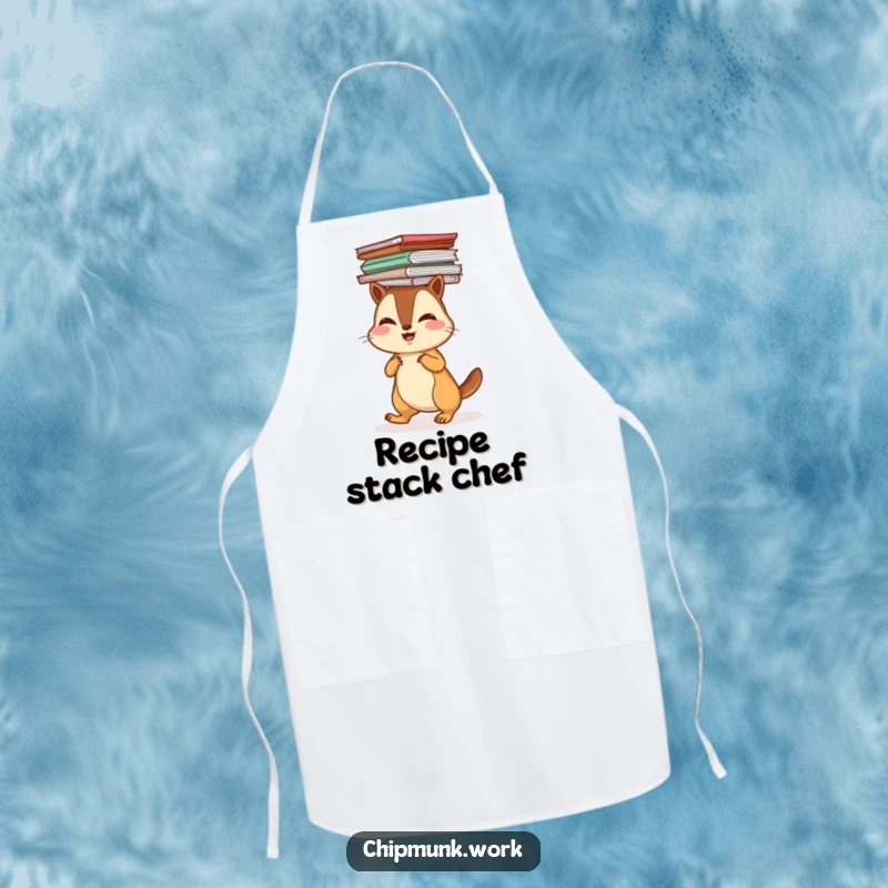 Funny chipmunk balancing a stack of papers on its head, featured on a kitchen apron for humorous cooking sessions.