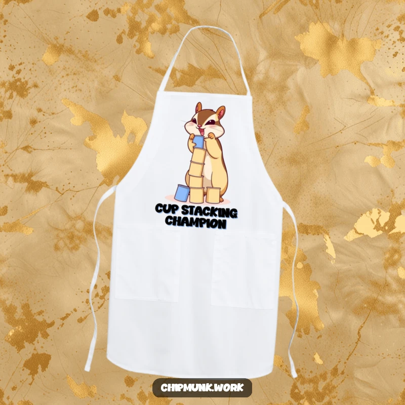 Funny chipmunk apron showing a squirrel with a determined look, stacking a wobbly tower of tiny paper cups.