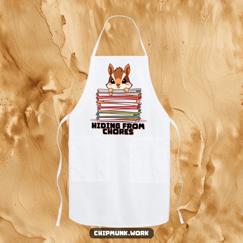 Funny Chipmunk Paper Mound Apron: A humorous apron with a tiny chipmunk peeking from behind a large stack of colorful papers, symbolizing kitchen tasks.
