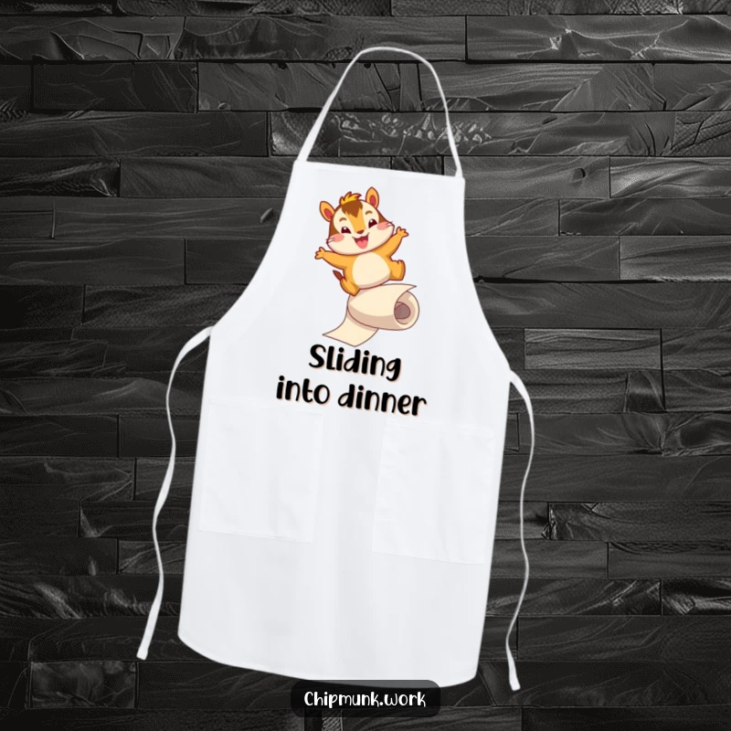 Funny apron showing an energetic chipmunk character sliding down a paper roll. Humorous and practical kitchen wear.