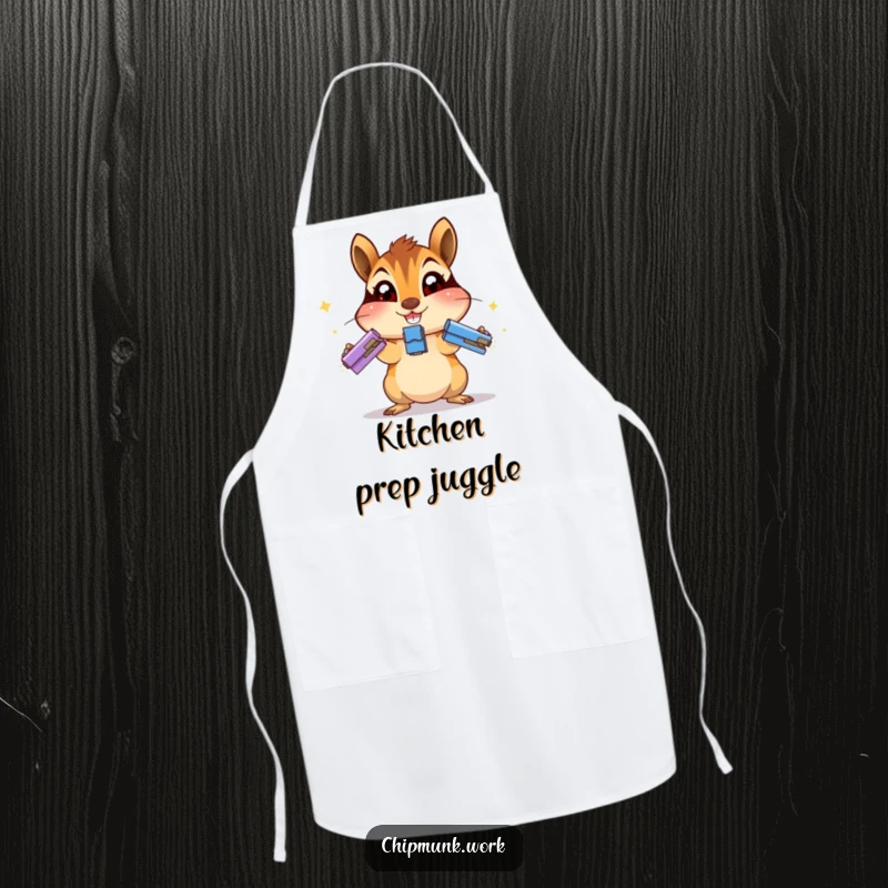 Funny chipmunk apron showing an excited chipmunk juggling staplers, perfect for the busy professional who loves humor.