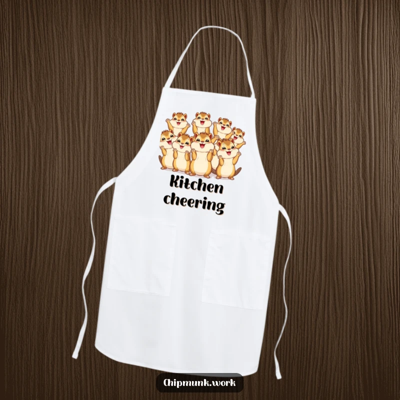 Funny apron adorned with a group of kawaii chipmunks joyfully cheering with their tiny paws in the air, ready for kitchen fun.