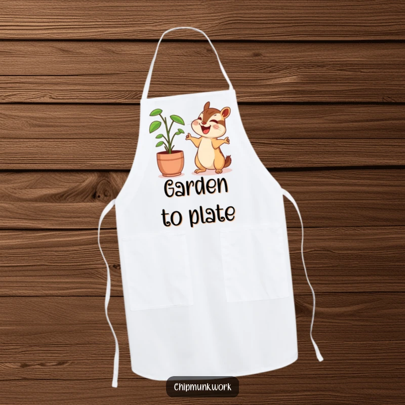 Funny chipmunk apron, sharing a laugh with a desk plant, arms outstretched happily, ready to prepare a delightful meal.