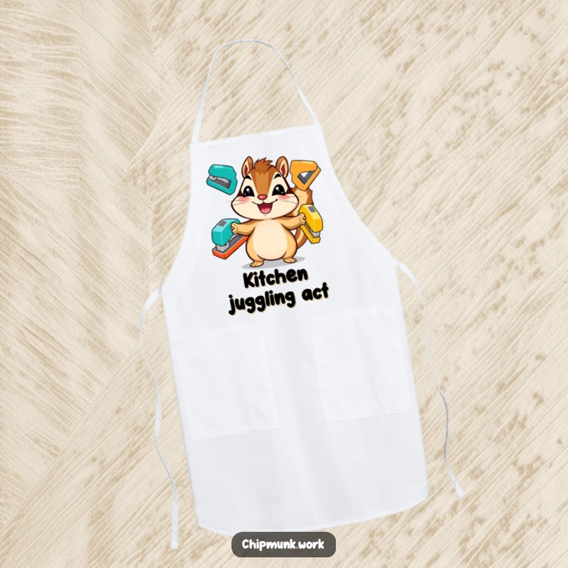 Funny chipmunk apron, a happy animal juggling staplers, great for kitchen or office.