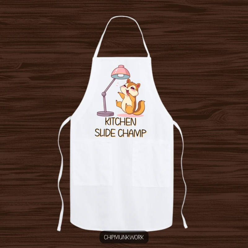 Funny chipmunk apron, joyfully sliding down a desk lamp, bringing humor and personality to cooking.