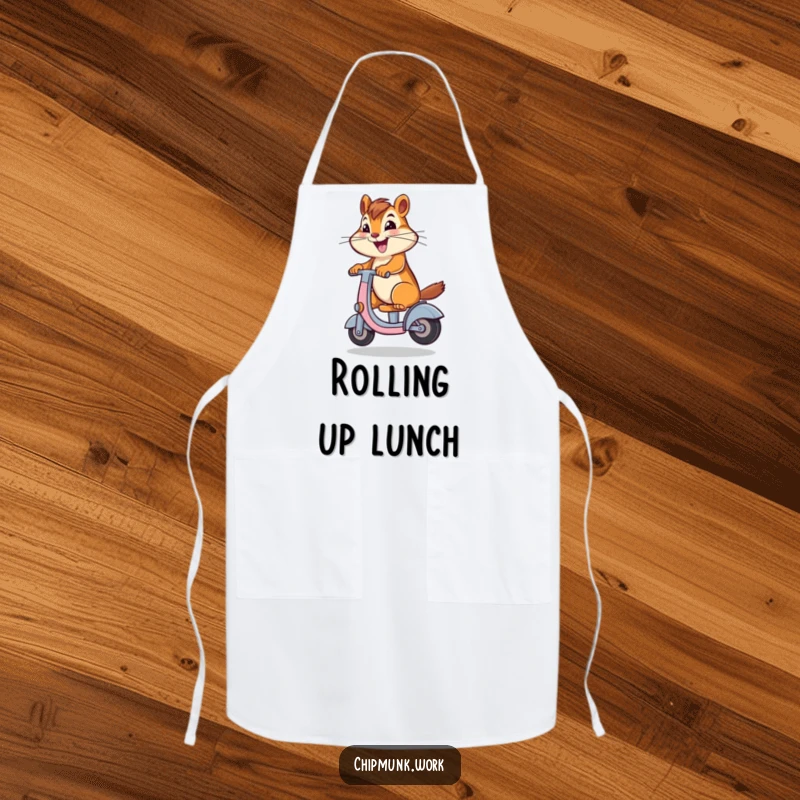 Funny chipmunk riding a desk chair scooter on an apron, symbolizing kitchen fun and playful cooking, a great humorous gift for chefs.