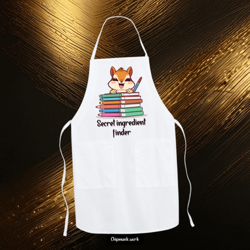 Funny chipmunk gleefully peeking from behind colorful office supplies, a humorous kitchen apron for a funny gift.