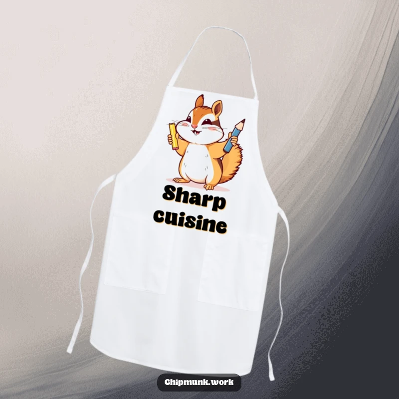 Funny chipmunk apron, a triumphant chef chipmunk holding a newly sharpened pencil (or whisk), ready to prepare a masterpiece.