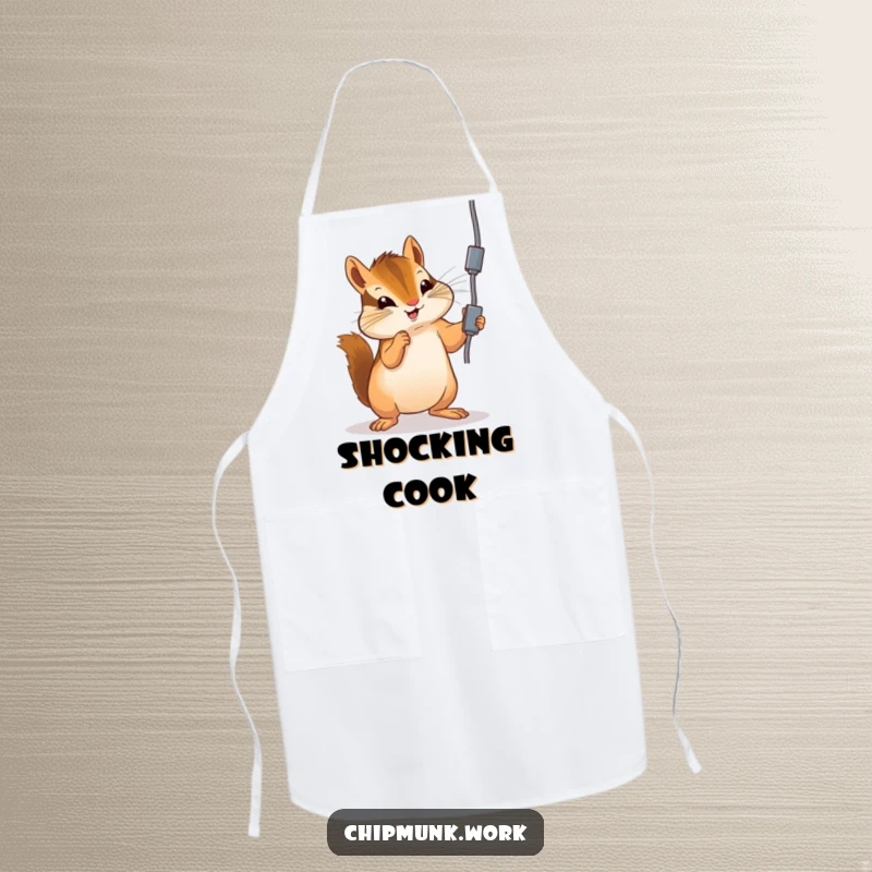Funny chipmunk apron featuring a chipmunk playfully batting at a dangling electrical cord, ideal for kitchen humor.