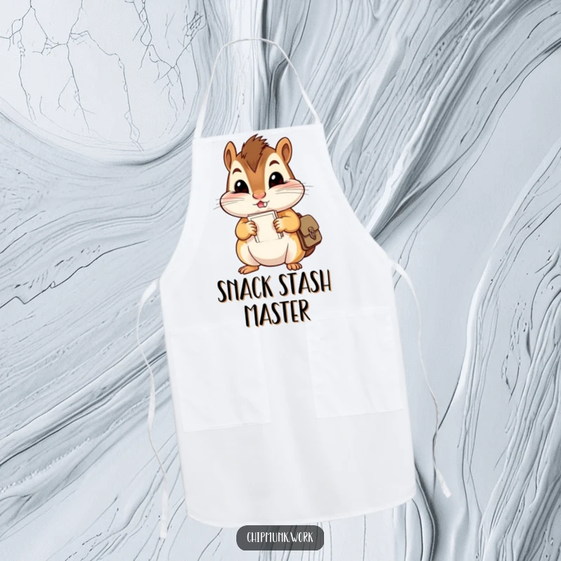 Funny apron showing a mischievous chipmunk with comically large cheeks stuffing papers into a tiny satchel, ready for kitchen duties.