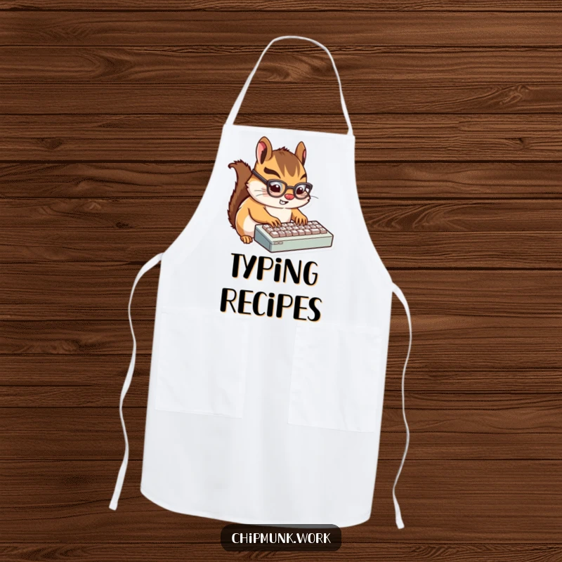 Funny Chipmunk Typist Apron: A humorous apron with a tiny, bespectacled chipmunk typing on a miniature keyboard, symbolizing kitchen tasks.