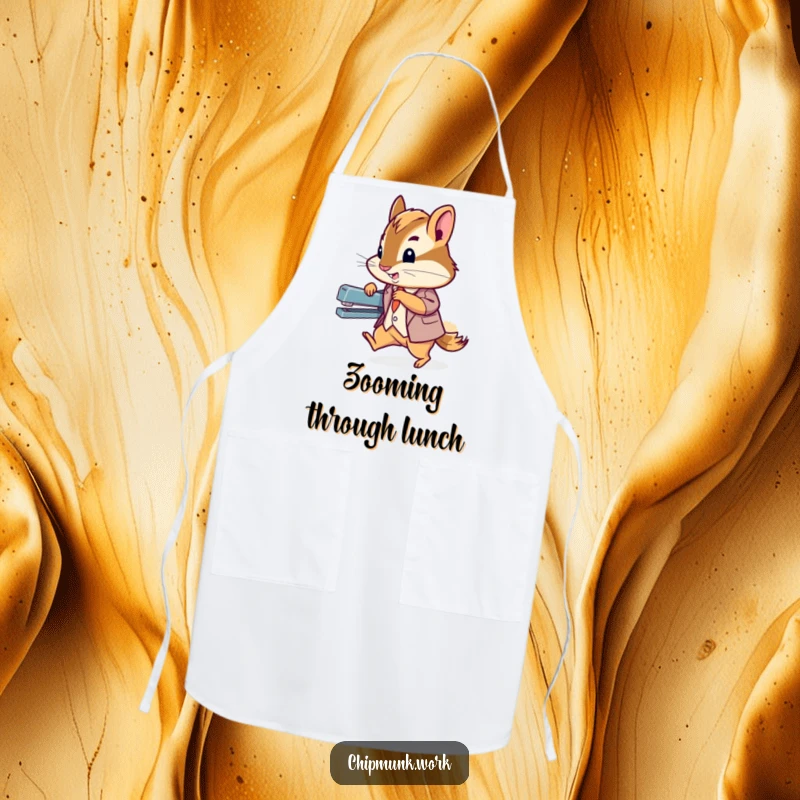 Funny chipmunk in a tiny suit zipping past a stapler, featured on an apron for a humorous and professional cooking experience.