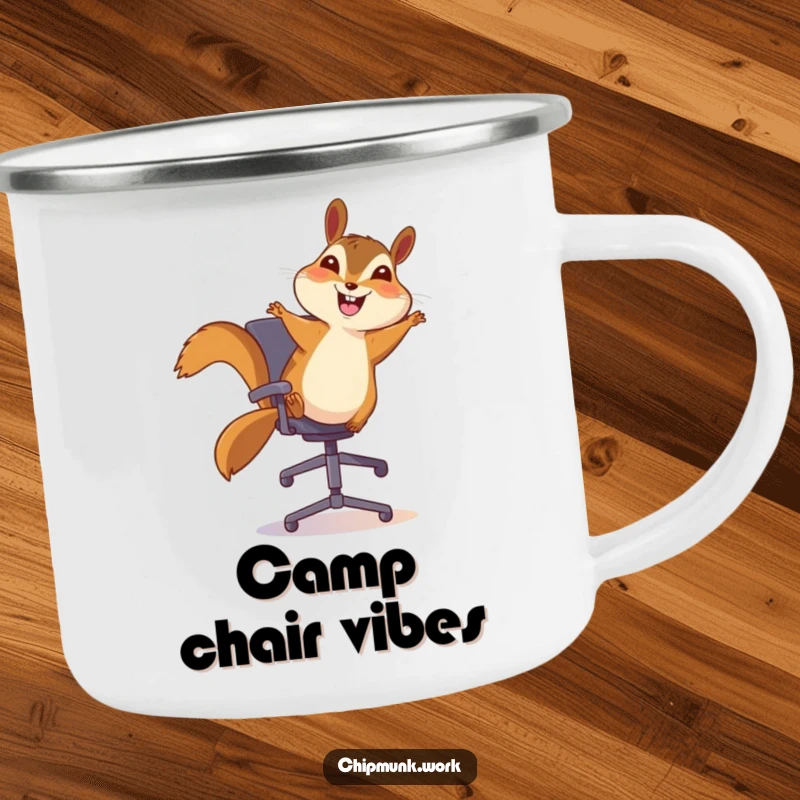 Funny chipmunk camping mug, happily bouncing on an office chair with a big smile, designed for cheerful outdoor adventures.