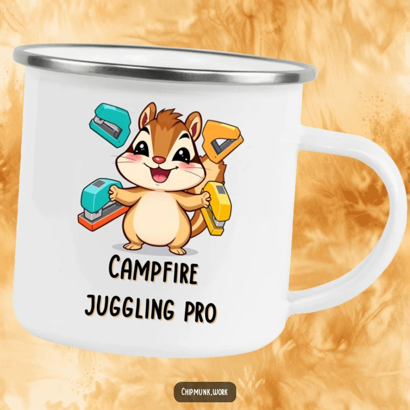 Funny chipmunk camping mug, a cheerful animal juggling staplers, ideal for outdoor use.