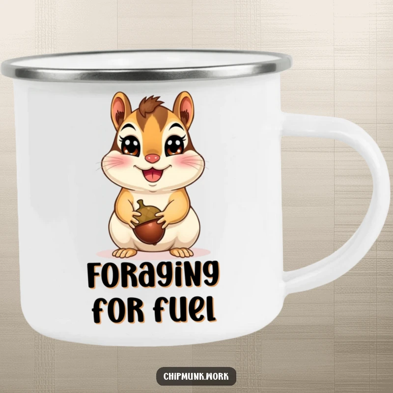 Funny Happy Chipmunk Camping Mug featuring a cheerful chipmunk presenting an acorn, ideal for outdoor enthusiasts who enjoy humor and simple joys, a great funny gift.