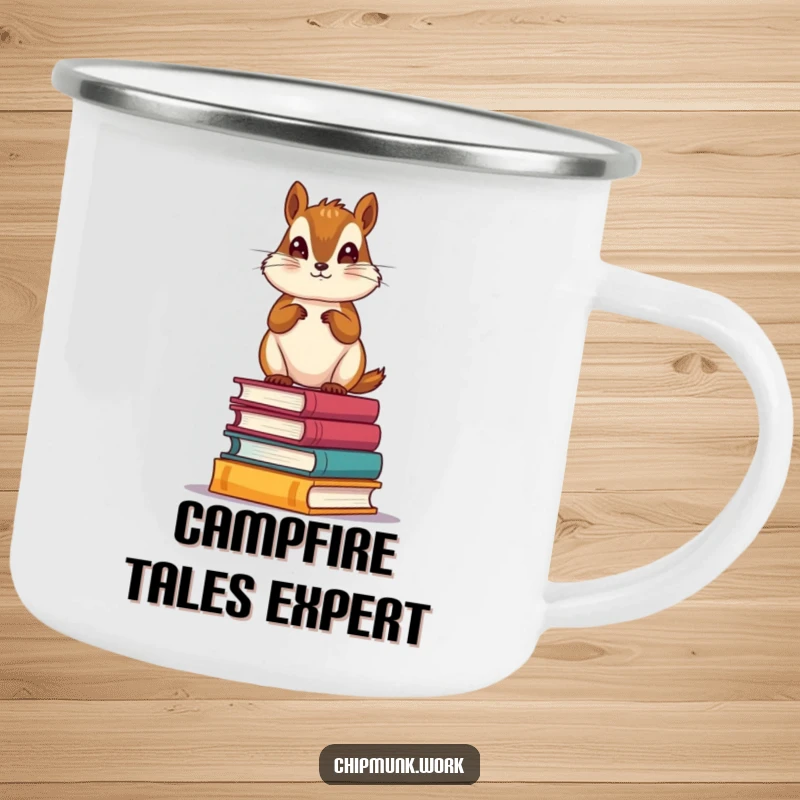 Funny Bookworm Chipmunk Camping Mug: Durable mug with a scholarly chipmunk standing on miniature books, celebrating reading outdoors.