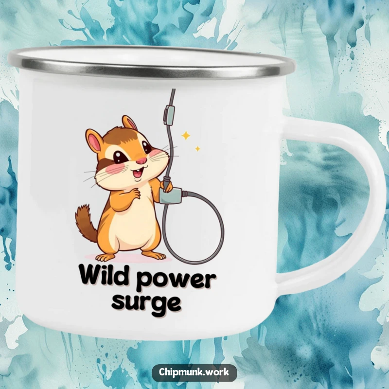 Funny camping mug with a chipmunk playfully batting at a dangling electrical cord, designed for outdoor humor.