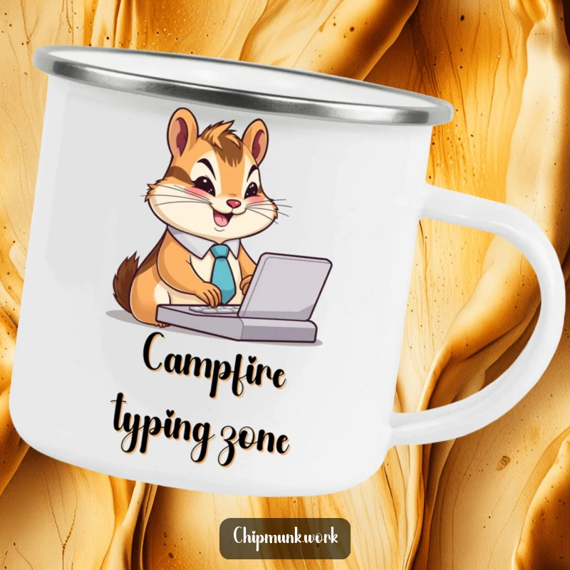 Funny Chipmunk Camping Mug: Chipmunk in a tiny tie, typing furiously with a smile, great for outdoor humor, a funny gift.