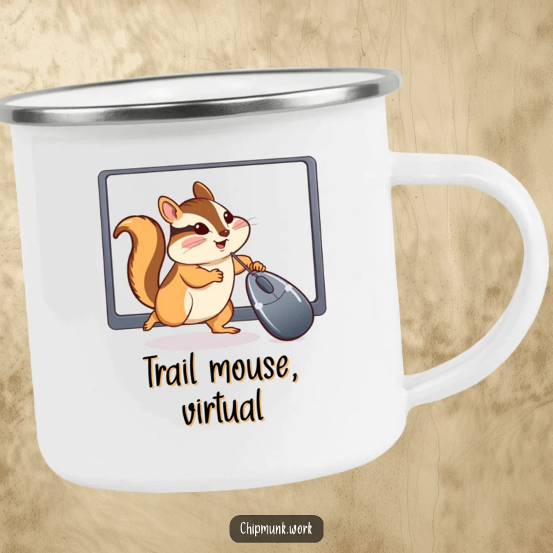 Funny Chipmunk Camping Mug: Durable enamel mug with a chipmunk comically chasing a computer mouse cursor, celebrating outdoor fun and tech.