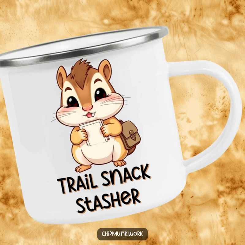 Funny camping mug showing a mischievous chipmunk with comically large cheeks stuffing papers into a tiny satchel, ready for outdoor adventures.