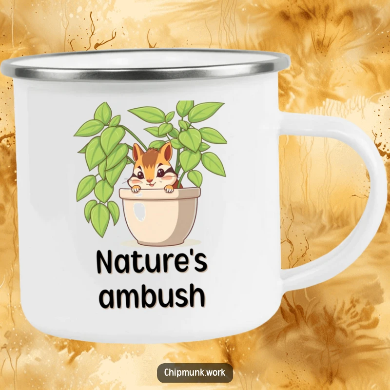 Funny chipmunk peeking from a potted office plant, printed on a durable camping mug for outdoor fun.