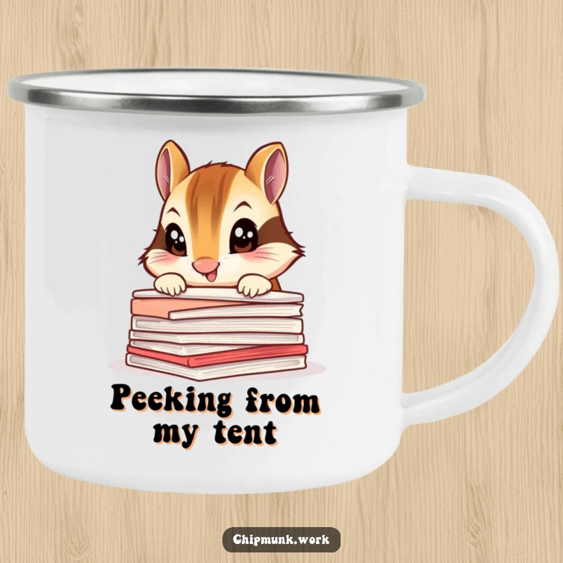 Funny chipmunk camping mug, a curious animal peeking over papers, ideal for outdoors.