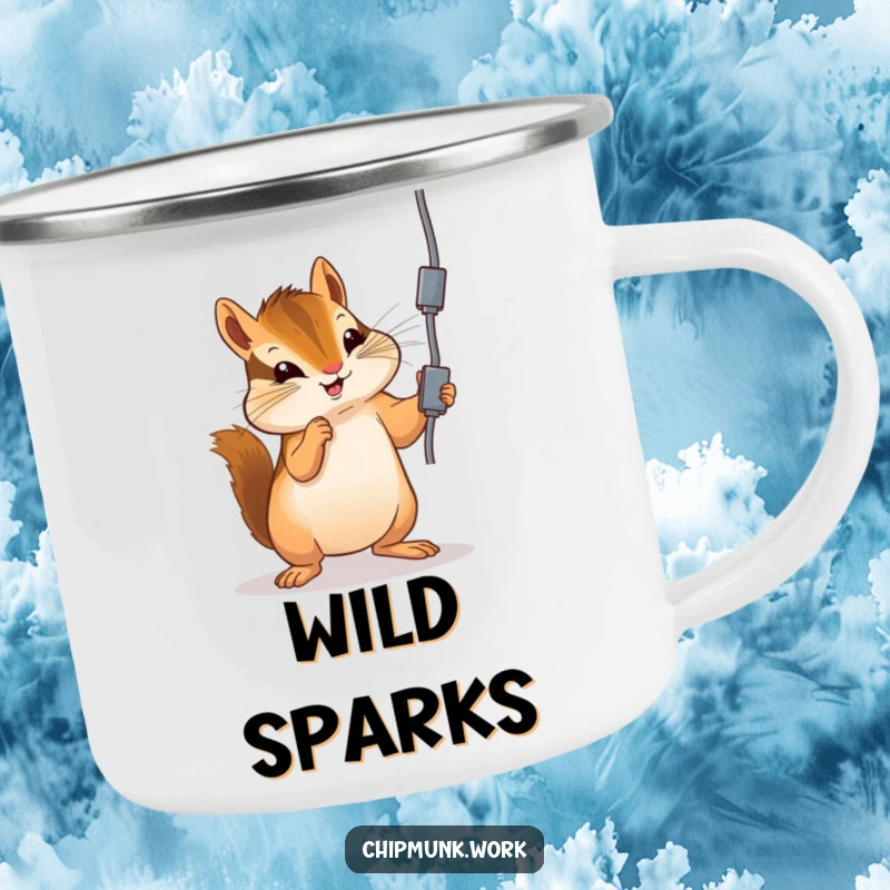 Funny chipmunk camping mug showing a chipmunk playfully batting at a dangling electrical cord, perfect for outdoor humor.