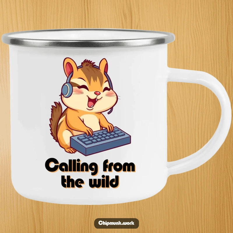 Funny chipmunk with a headset typing on a keyboard, depicted on a durable camping mug for humorous outdoor use.