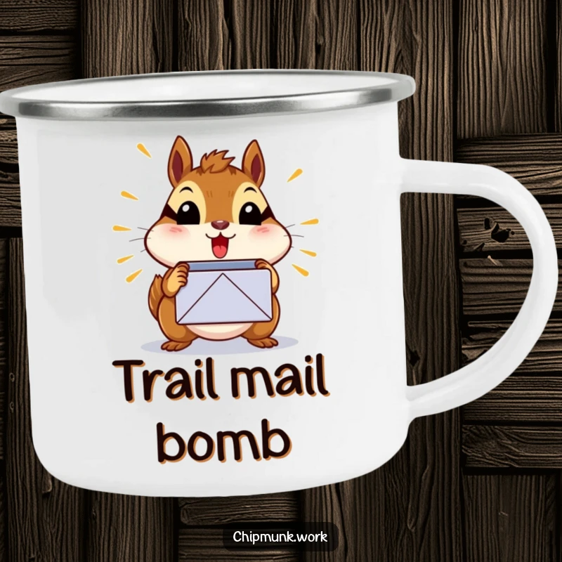 Funny surprised chipmunk camping mug with a chipmunk shocked by a bursting inbox icon, perfect funny gift.