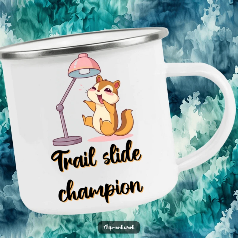 Funny chipmunk camping mug, joyfully sliding down a desk lamp, ready for outdoor fun and laughter.