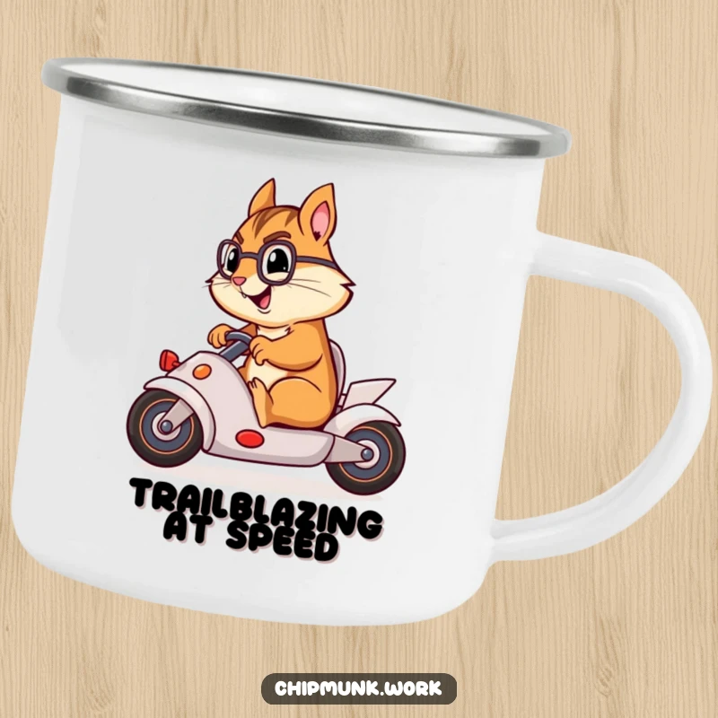 Funny chipmunk racing an office chair like a car, printed on a sturdy camping mug for outdoor fun.